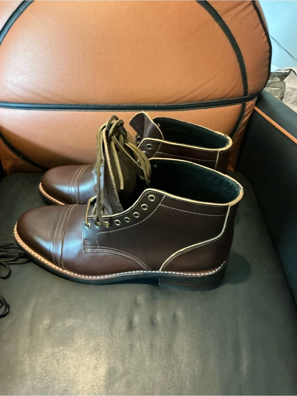 Thursday Boot Company Brown Leather Derby Shoes with Tan Suede Tongue